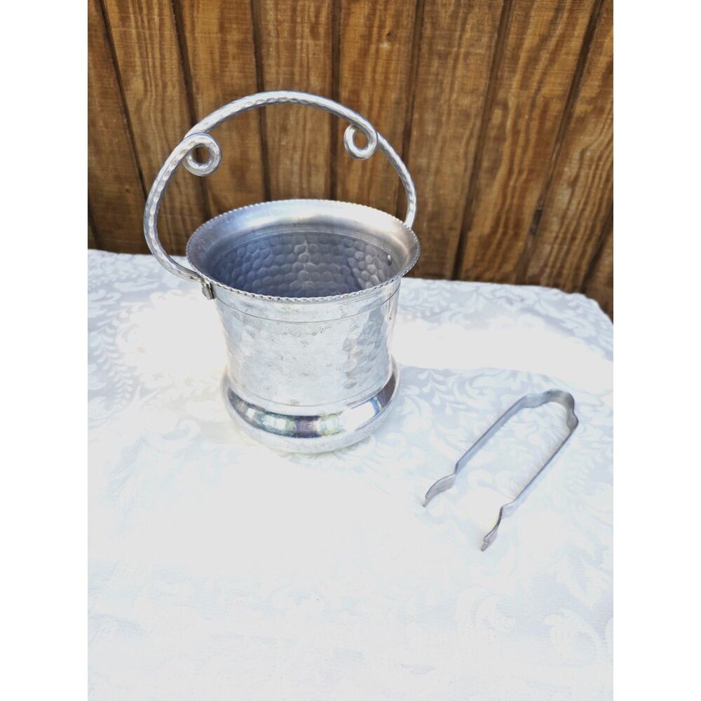 Vintage MCM Cromwell Hand Wrought Aluminum Ice Bucket with Tongs